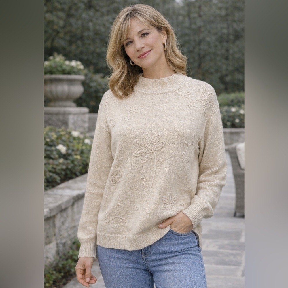 Maggie Lawrence Floral Embroidered Mock Neck Sweater Beige Ramie Cotton 14/16W